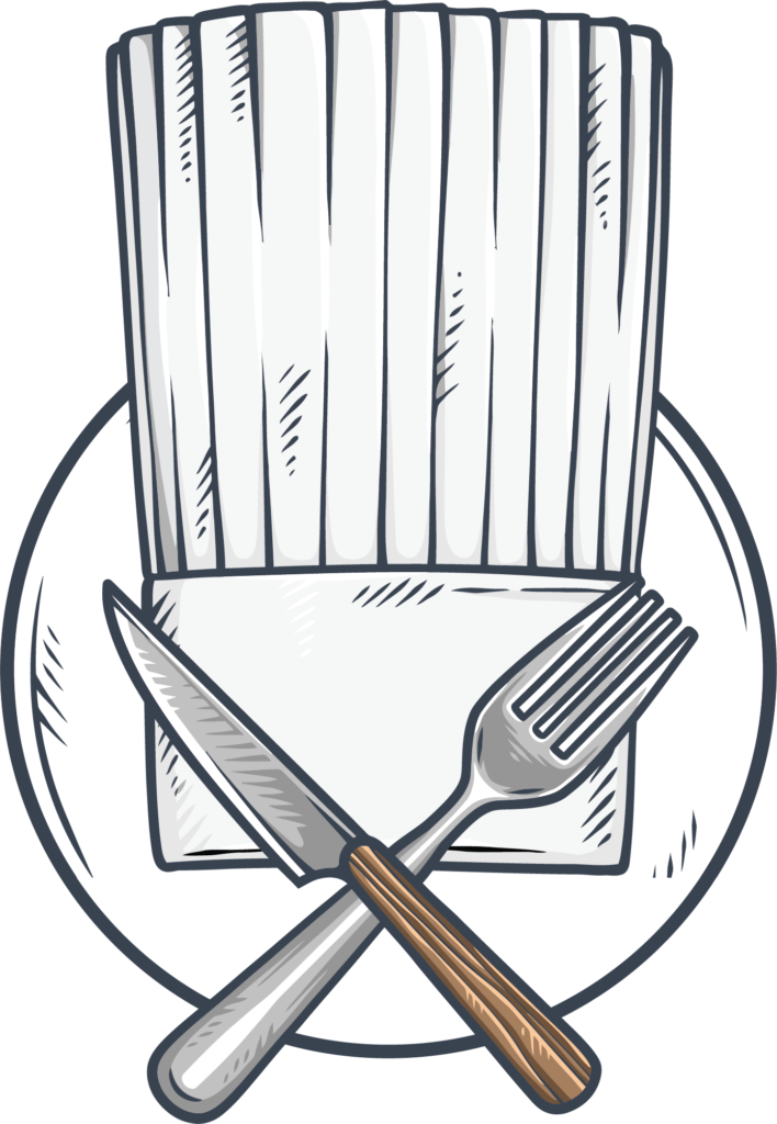 The logo features a chef's hat with a crossed fork and knife below it, all in grayscale.